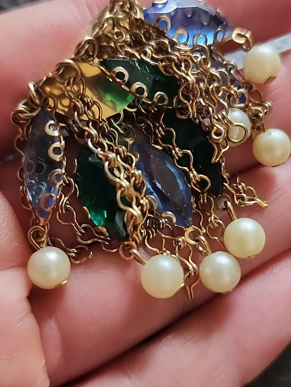 VTG Gold-Tone Pearl Clip Earrings with Blue and Green Crystal Accents - Picture 6 of 9